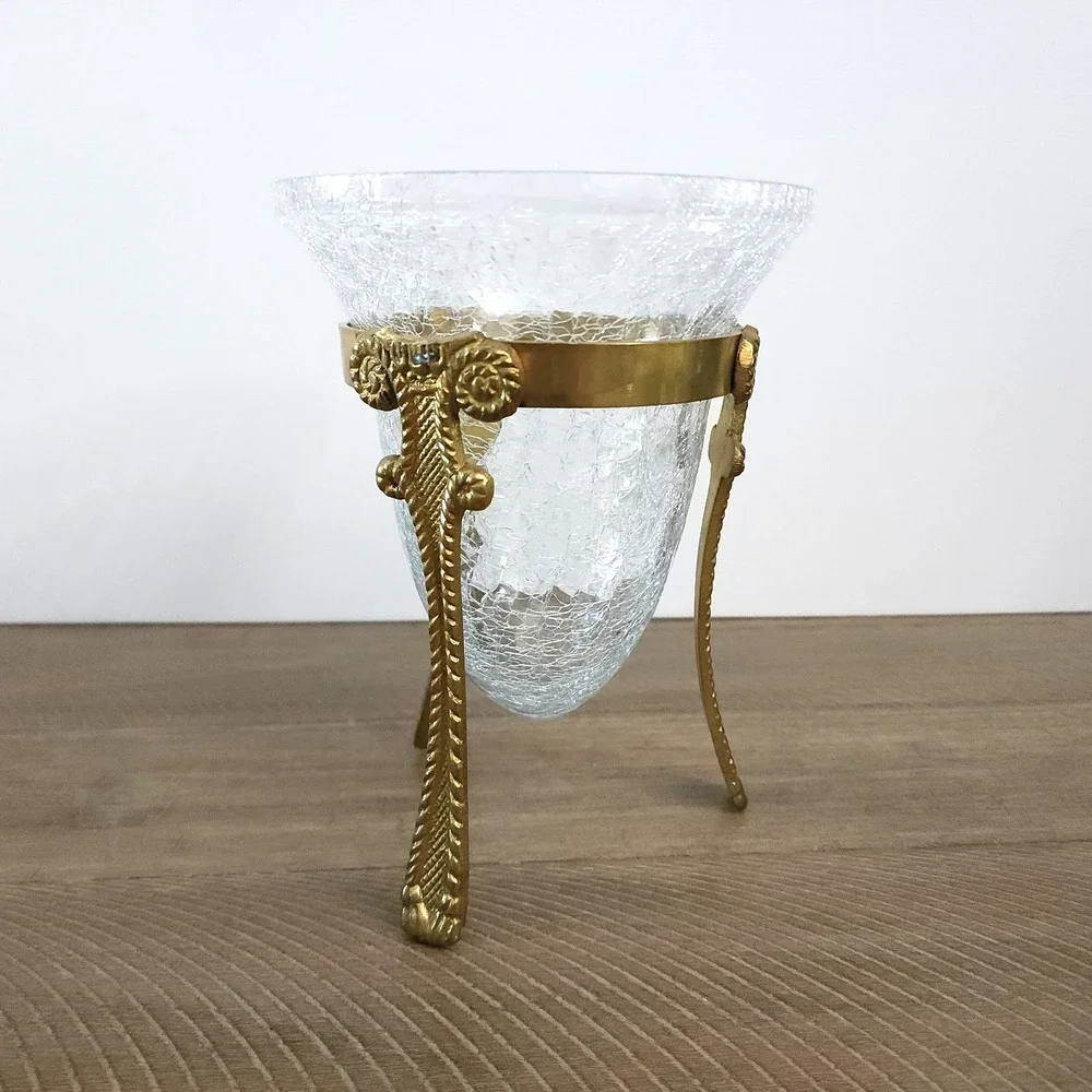 Vintage Crackled Glass Bowl with Decorative Brass‎ Stand
